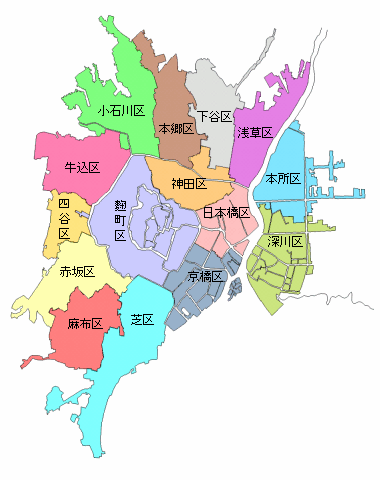 1878年に設置された東京15区の位置関係を示す地図