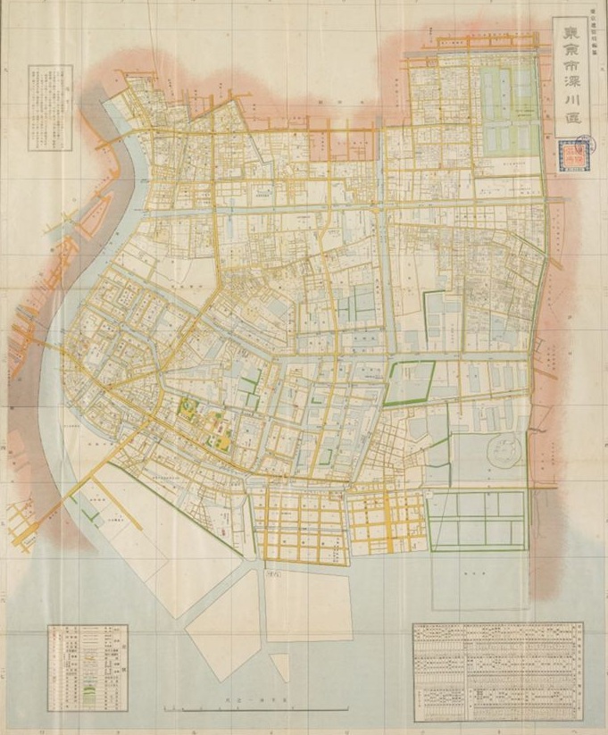 大正期の東京市深川区を描いた番地界入東京市拾五区区分図