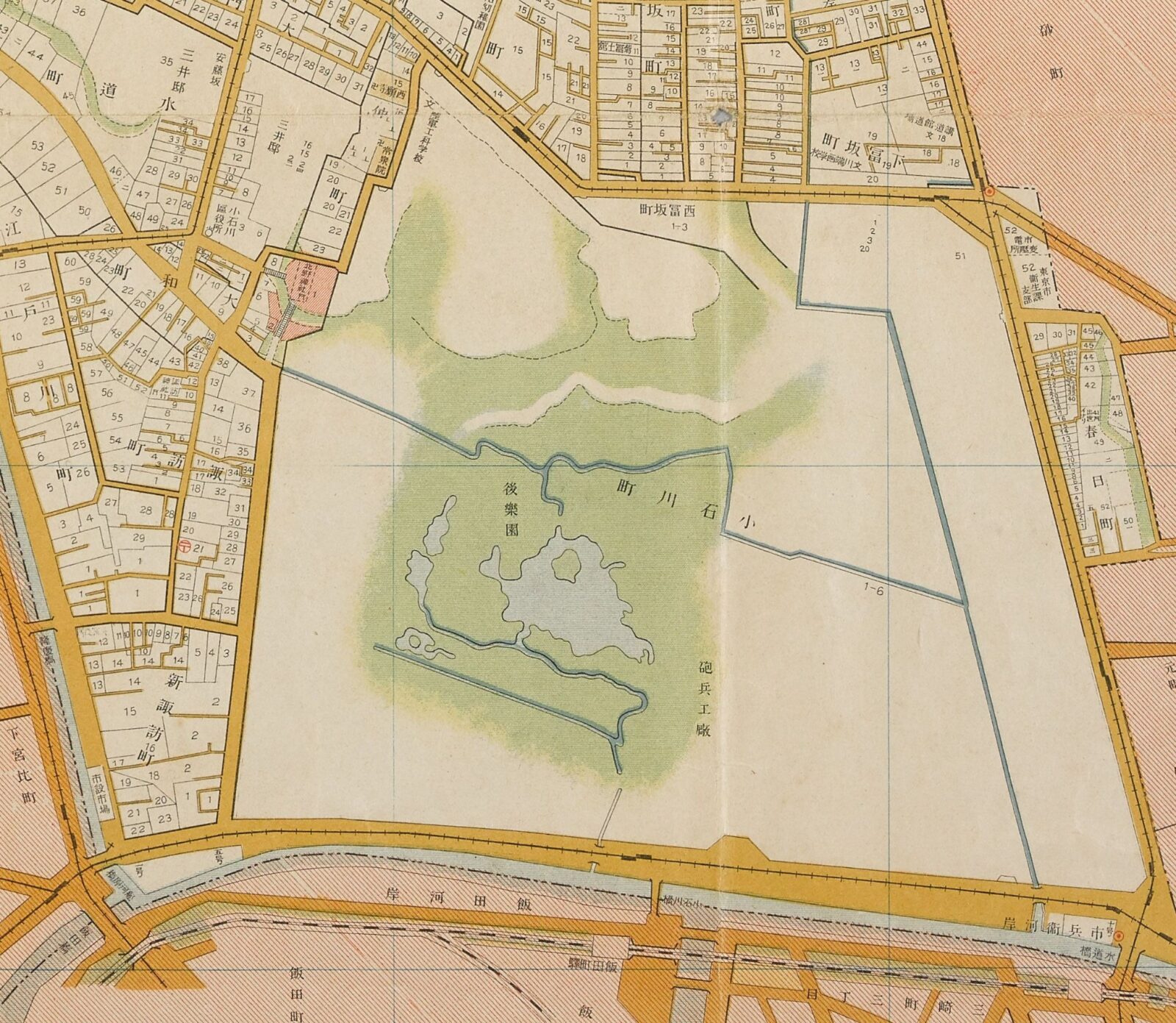 大正11年小石川区図の後楽園・東京砲兵工廠周辺の精細地図