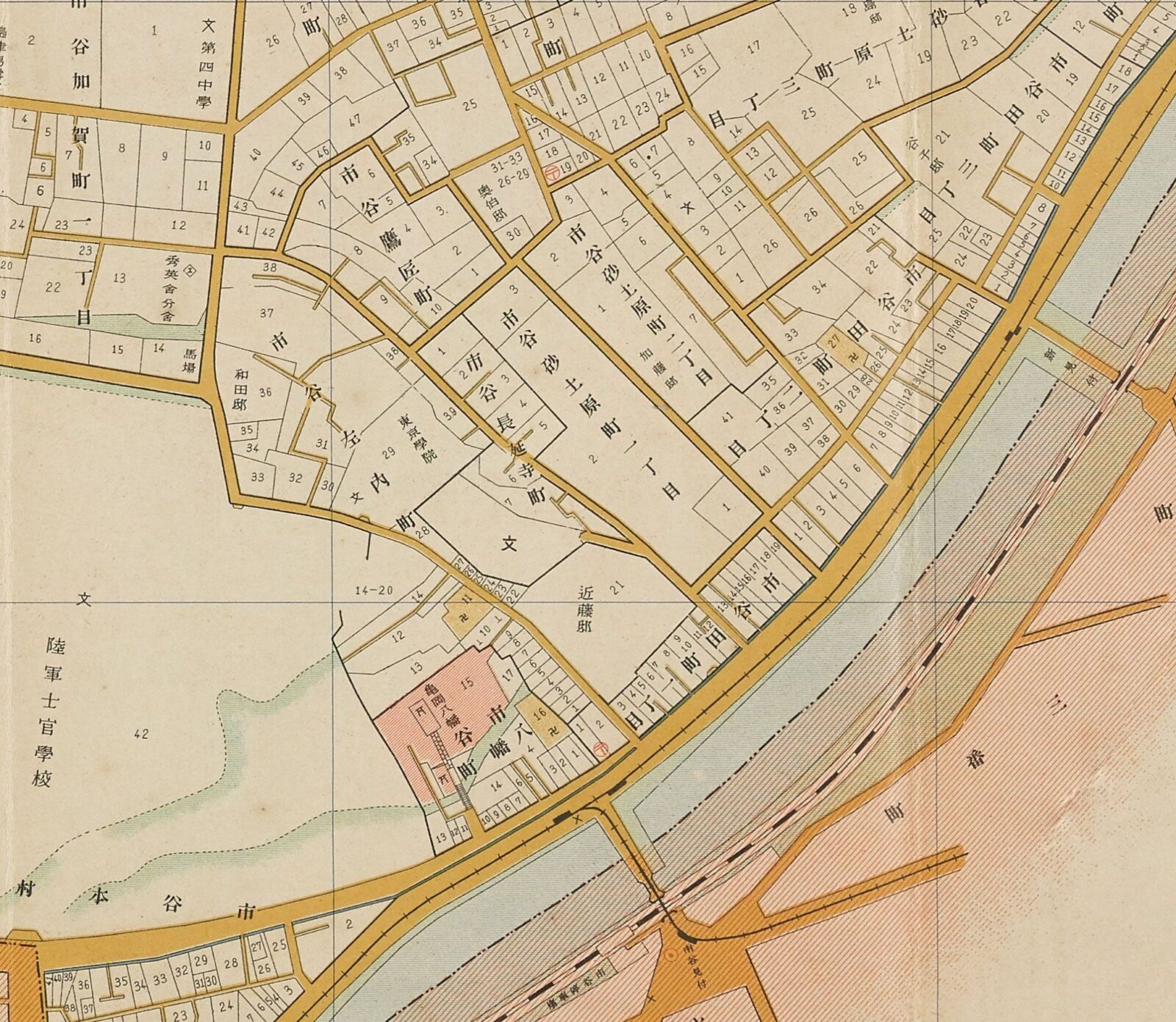 大正13年(1924)第三版の牛込区古地図・市谷加賀町と左内町―府立第四中学校、秀英舎分舎、陸軍士官学校、和田邸・近藤邸