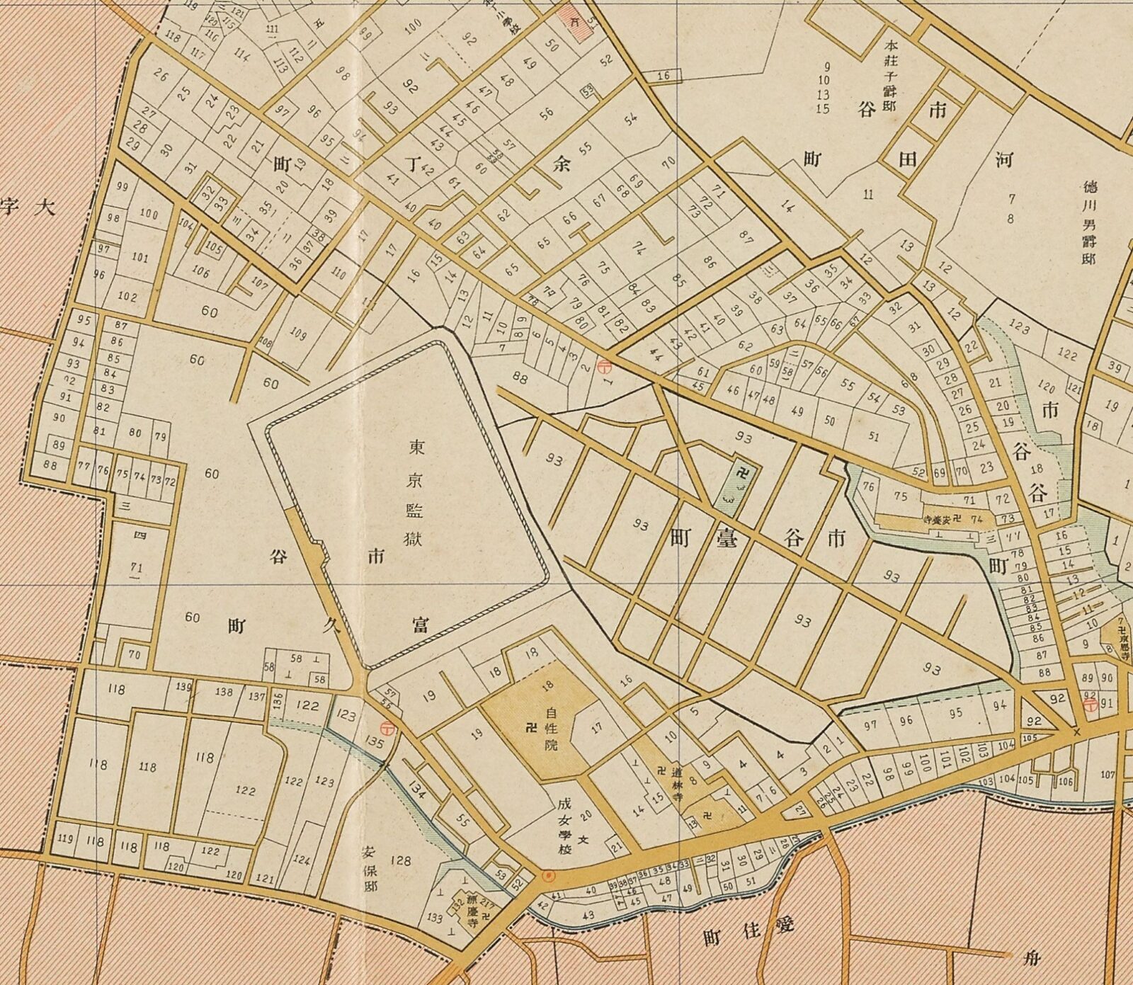 大正13年(1924)第三版の牛込区古地図・市谷富久町と河田町―東京監獄、本荘子爵邸、安保邸、成女学校
