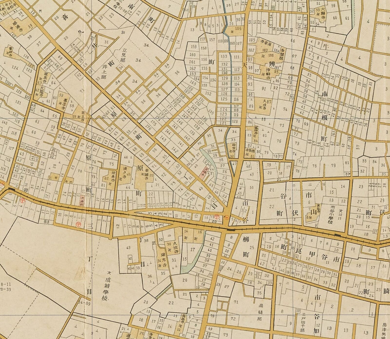 大正13年(1924)第三版の牛込区古地図・原町と市谷柳町―成城学校、立見邸、井上邸、高橋邸と寺院群