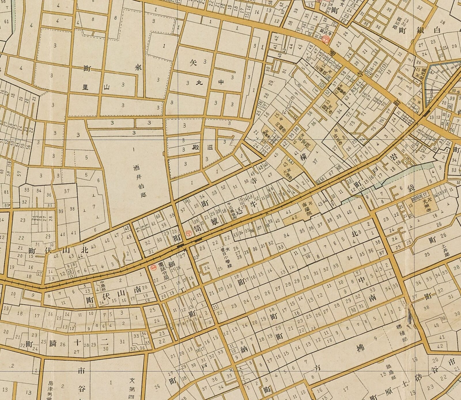 大正13年(1924)第三版の牛込区古地図・矢来町―広大な酒井伯邸と北山伏町・南山伏町