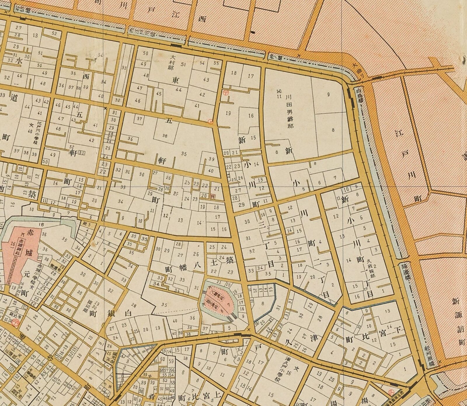大正13年(1924)第三版の牛込区古地図・新小川町と東五軒町―川田男爵邸、大村邸、飯田橋・江戸川