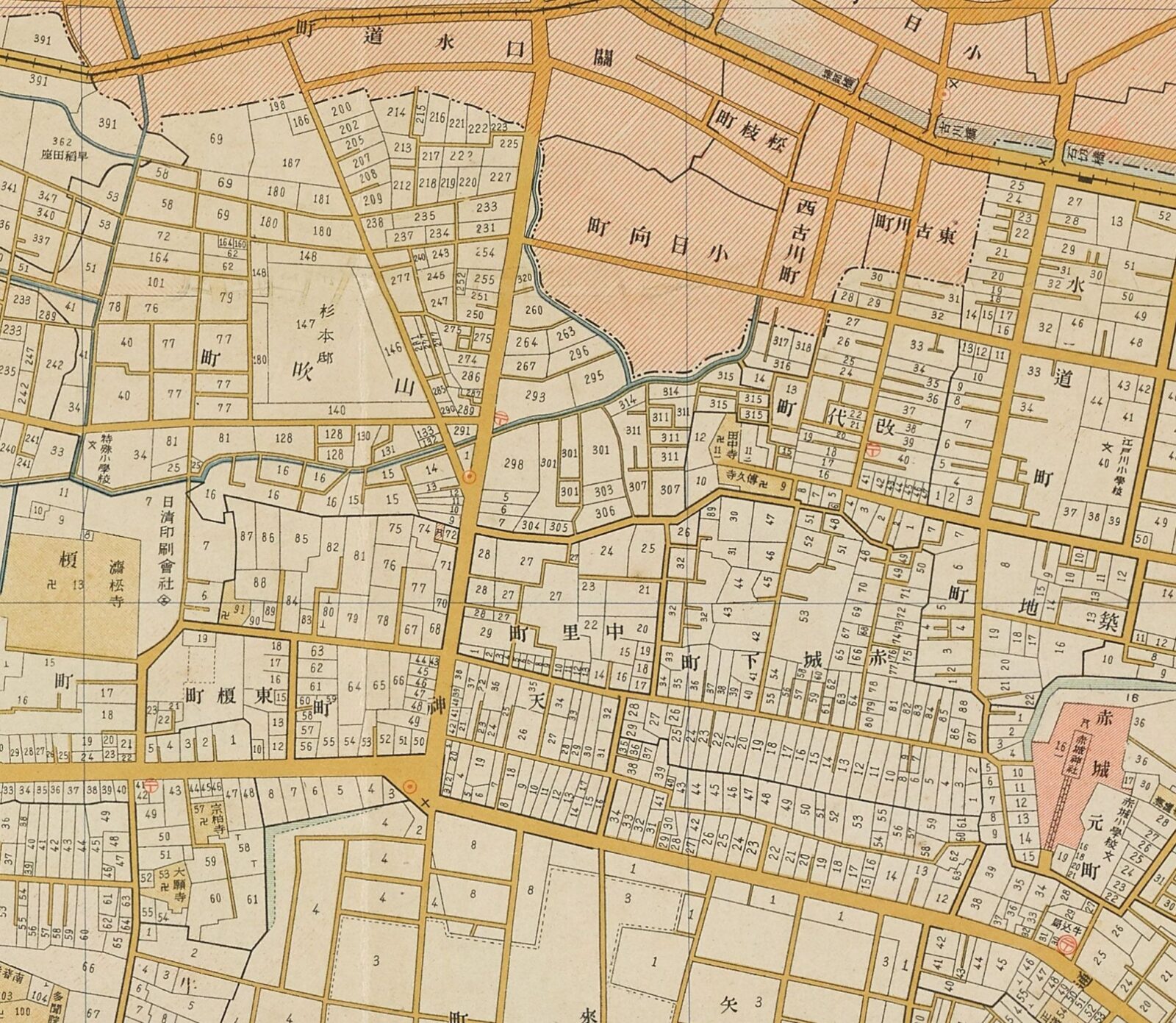 大正13年(1924)第三版の牛込区古地図・早稲田東部―日清印刷会社、杉本邸、特殊小学校、済松寺