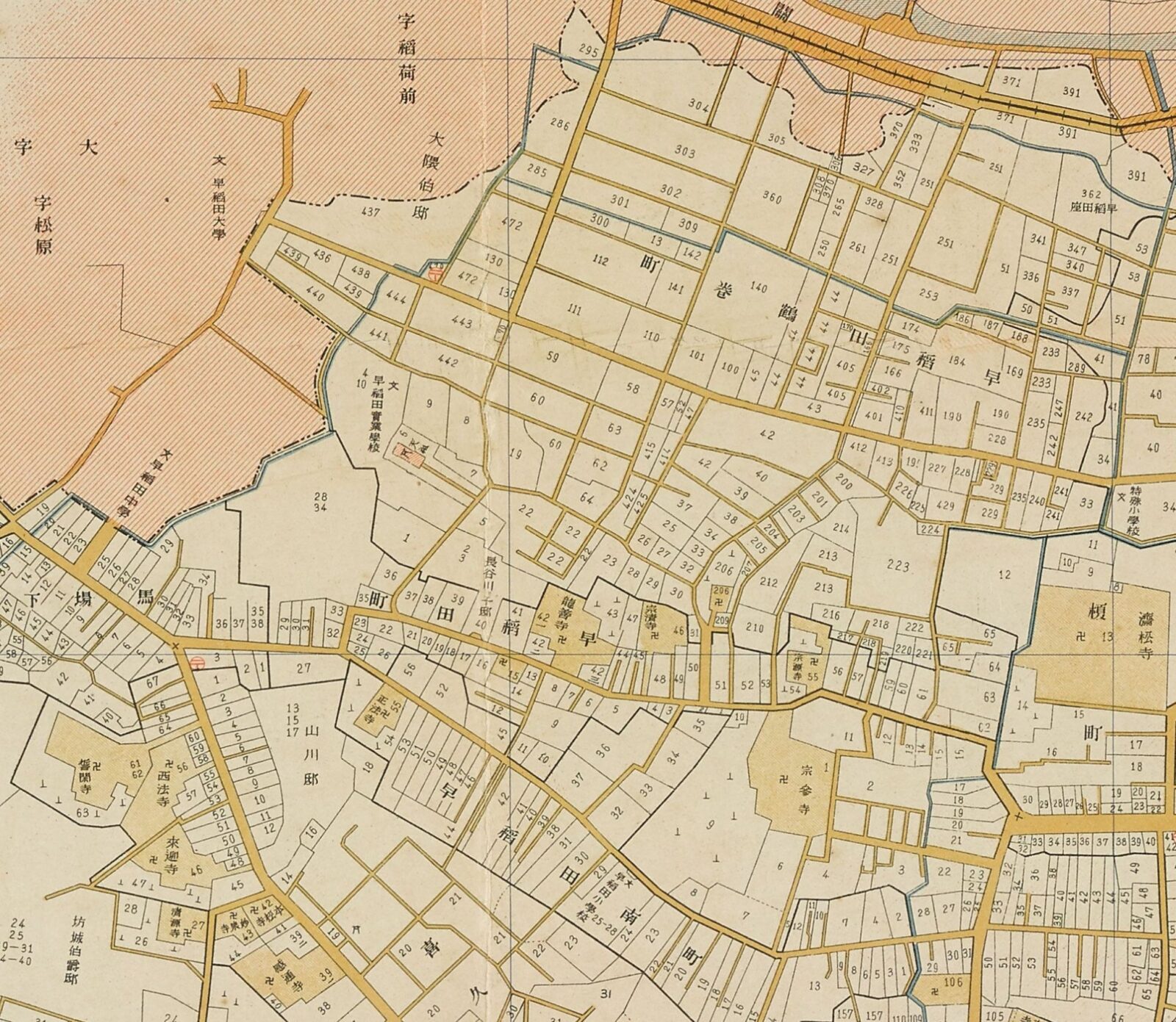 大正13年(1924)第三版の牛込区古地図・早稲田大学周辺―大隈伯邸、早稲田実業学校、山川邸