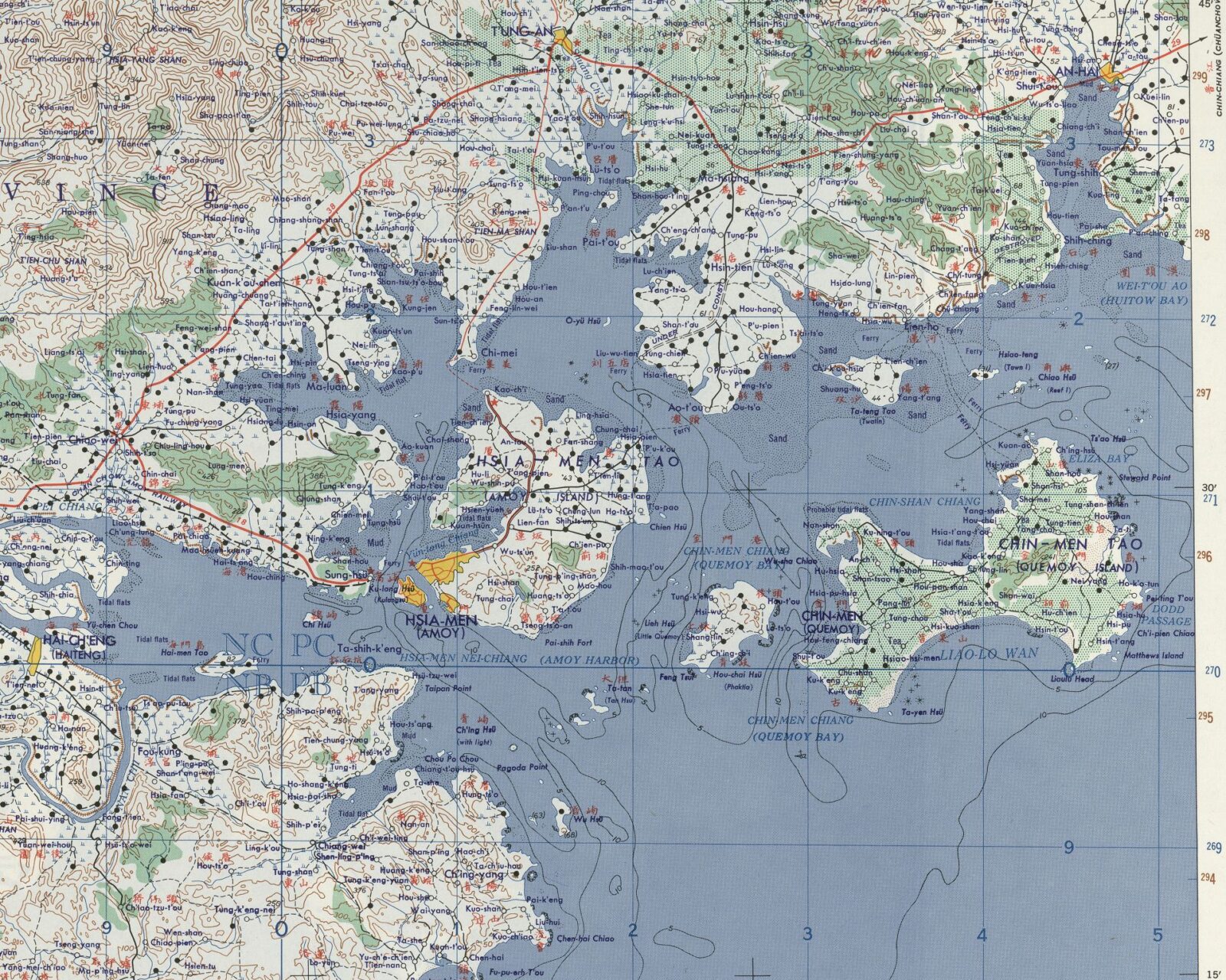 1958年の金門島と中国大陸・厦門周辺を示す地図