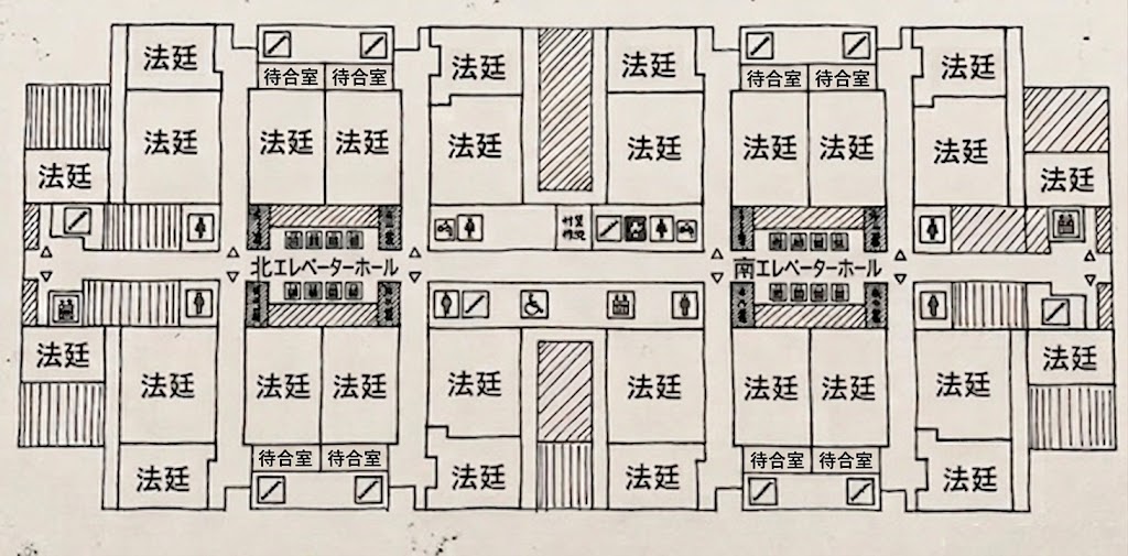 東京高等・地方裁判所の法廷と待合室の位置関係を示した自作フロア概略図