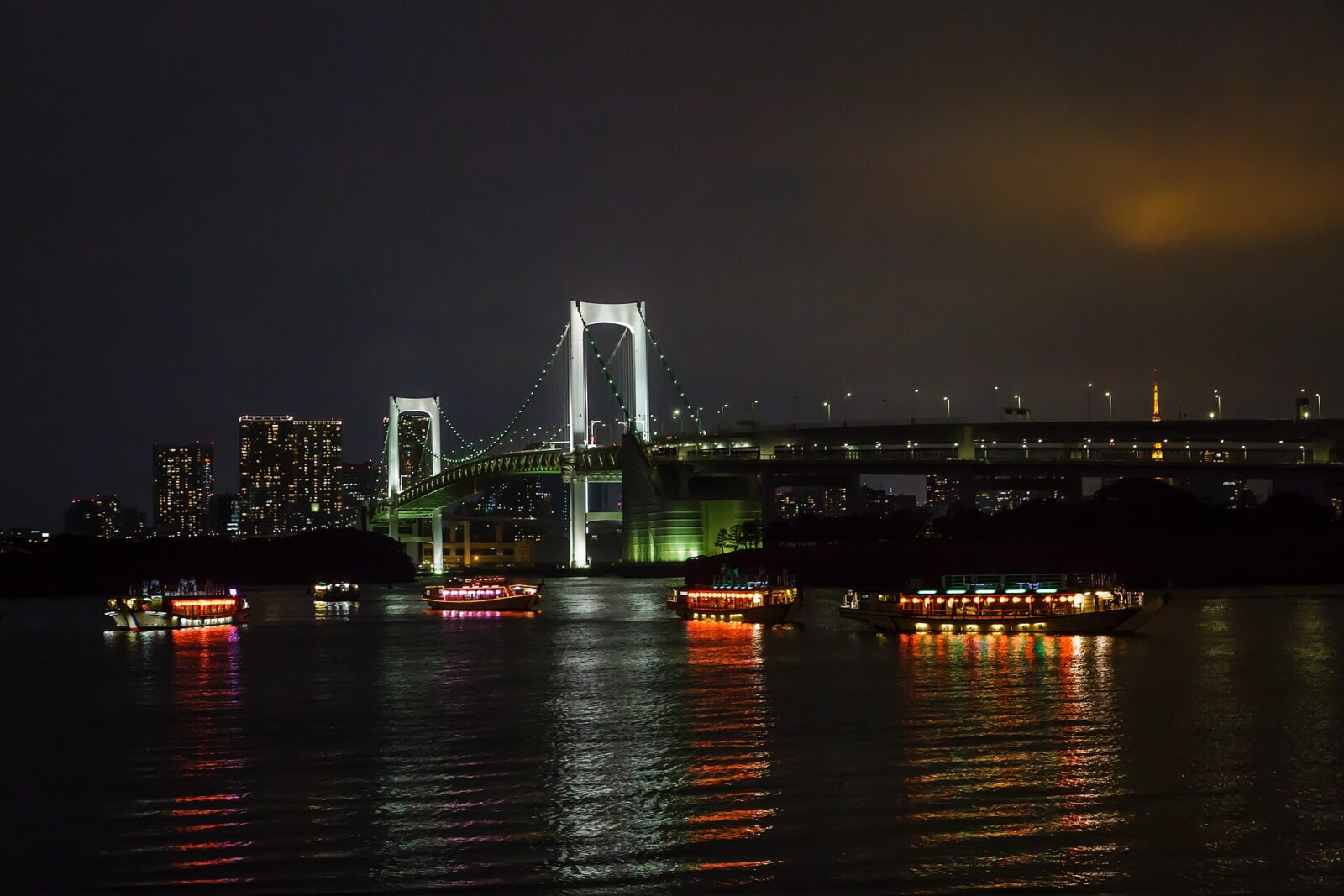 東京湾に架かる夜のレインボーブリッジ
