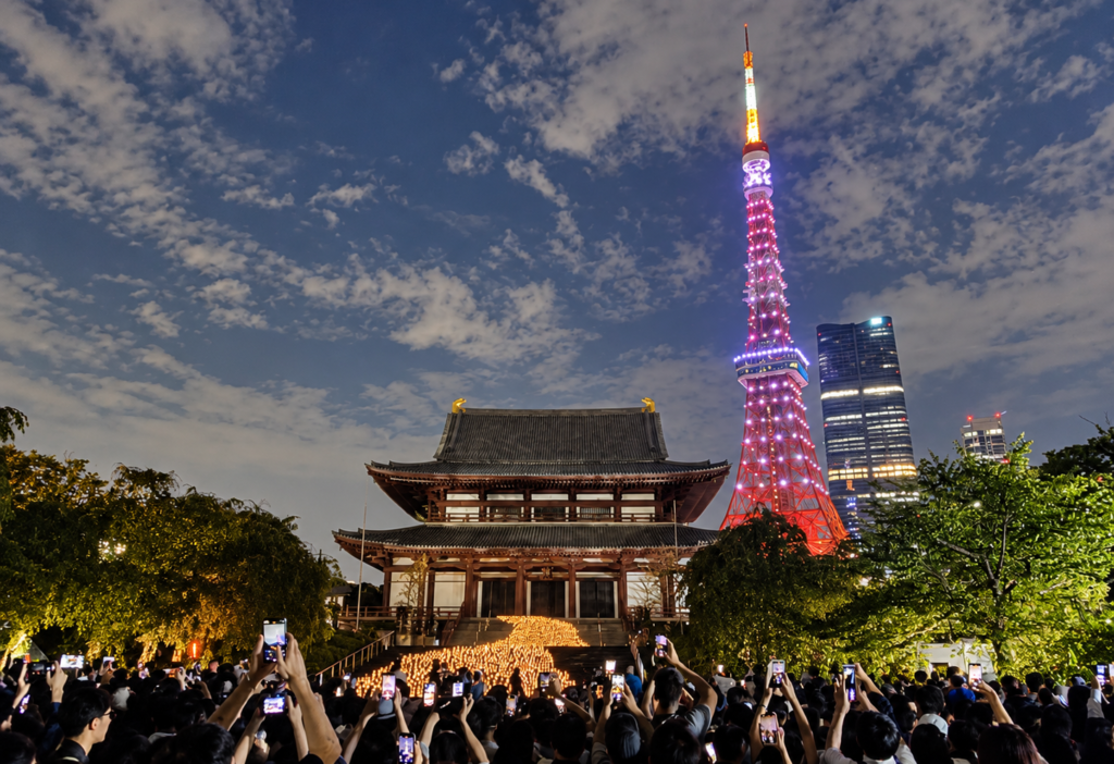増上寺大殿と和紙キャンドルと東京タワーの七夕夜景