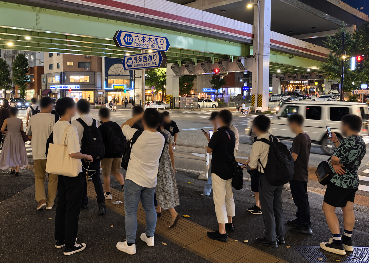 六本木通りと外苑西通りの道路標識が見える夜の西麻布交差点