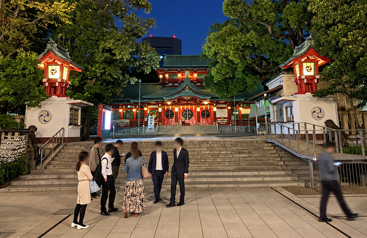 夜の富岡八幡宮境内と街歩き参加者