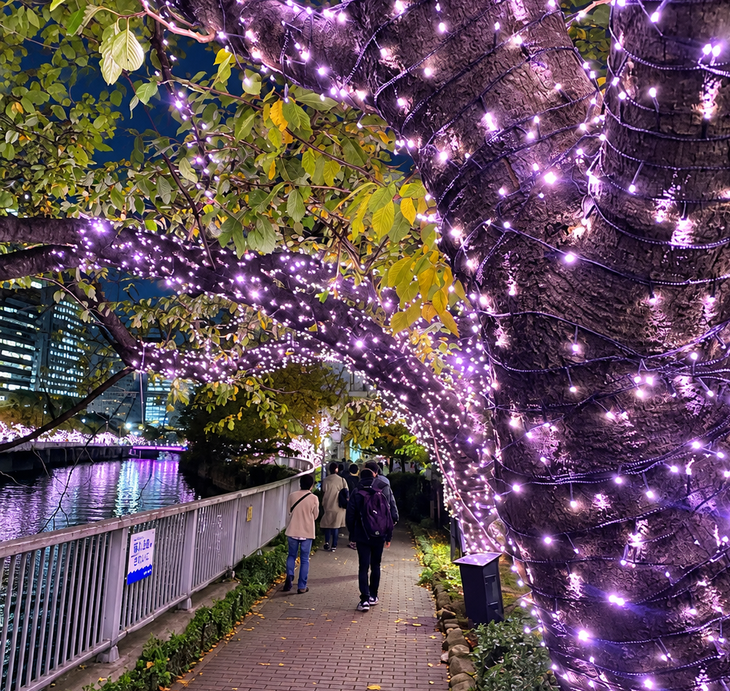 目黒川沿いの桜並木を彩る冬のイルミネーション