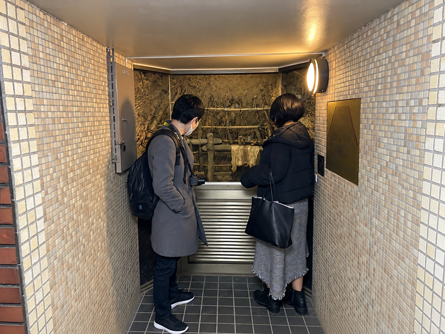 亀塚公園の竪穴式住居復元展示を見学する参加者