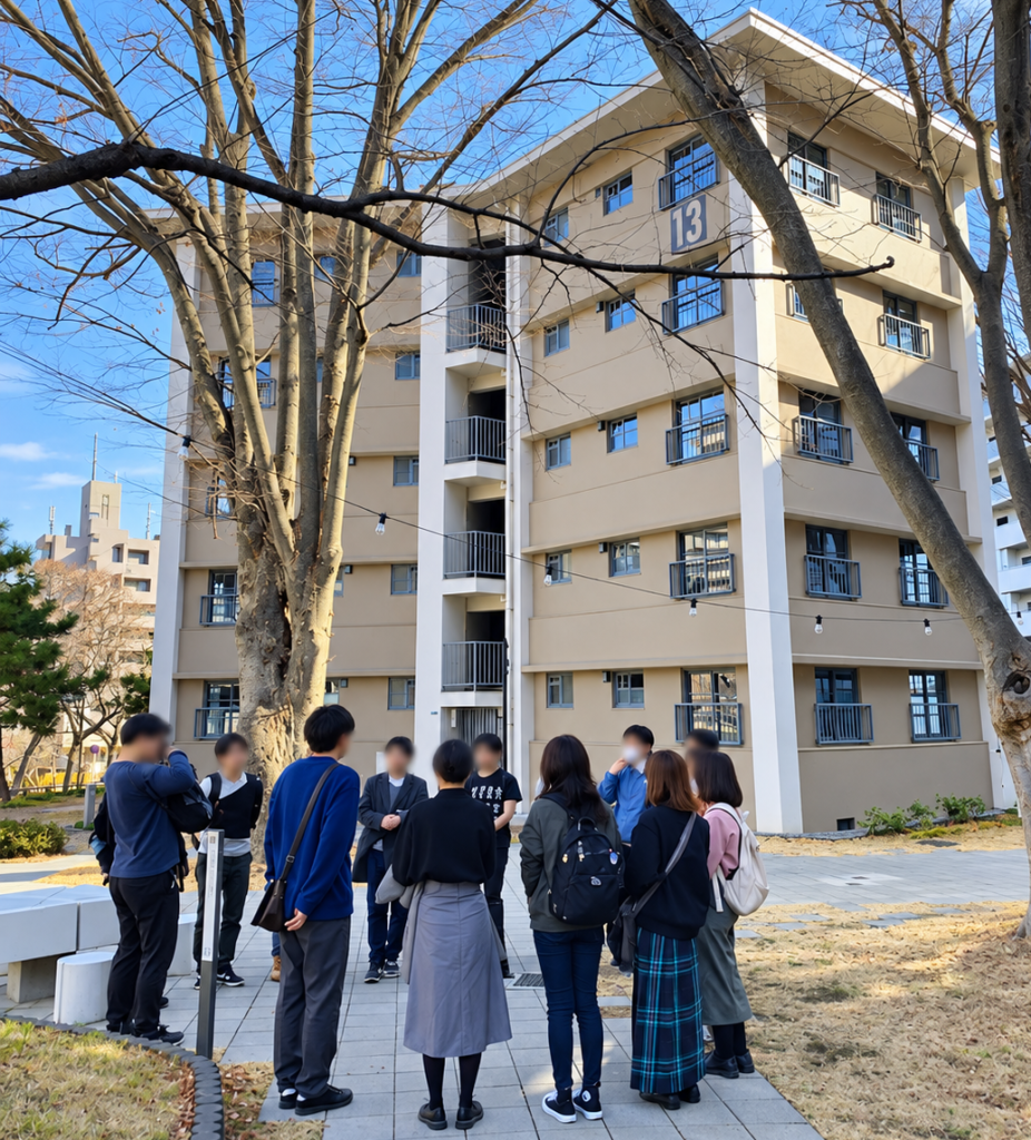 赤羽台団地のスターハウス前に集合したURまちとくらしのミュージアム見学参加者