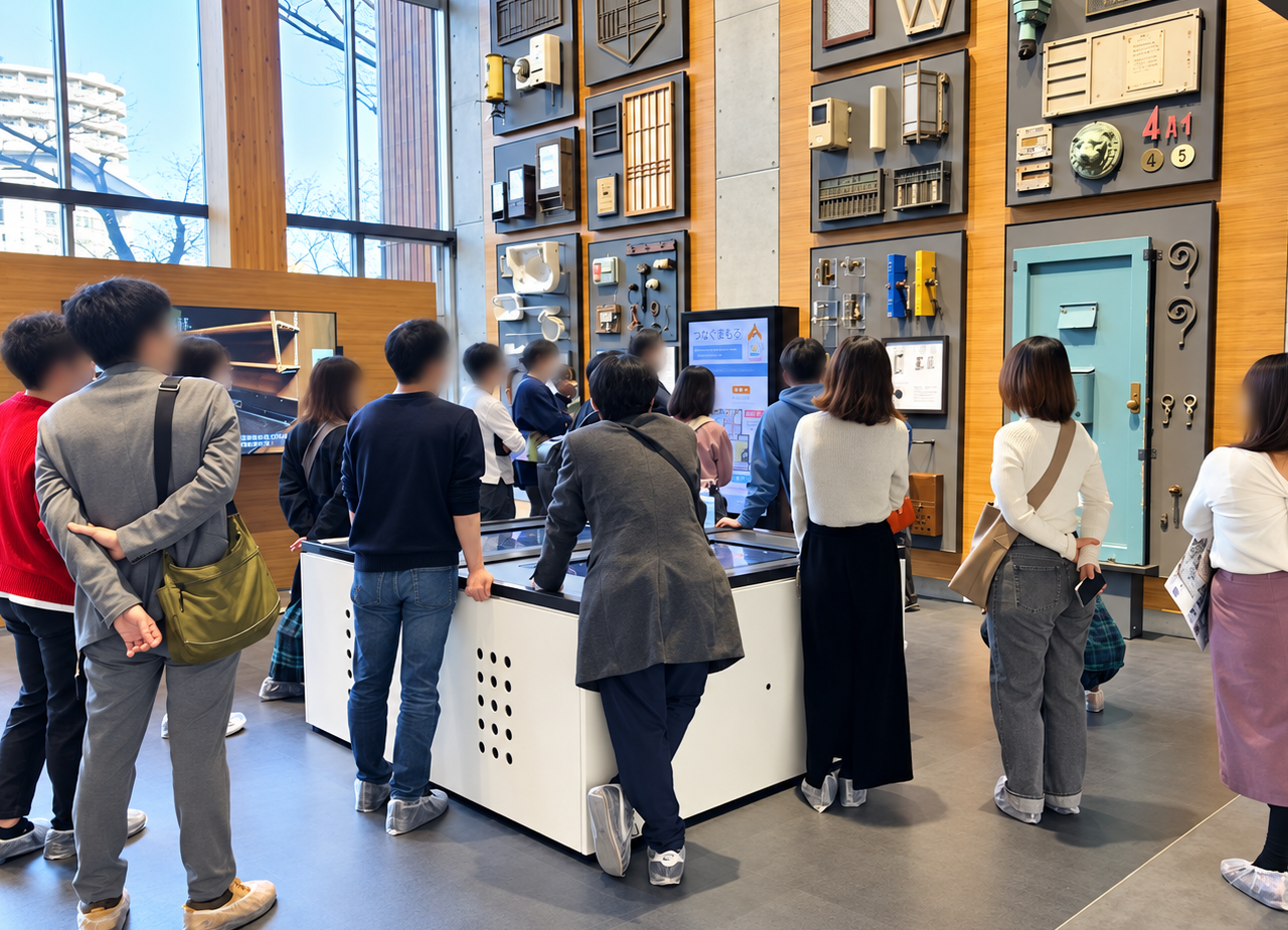 団地の住宅部品展示を見るURまちとくらしのミュージアム見学参加者