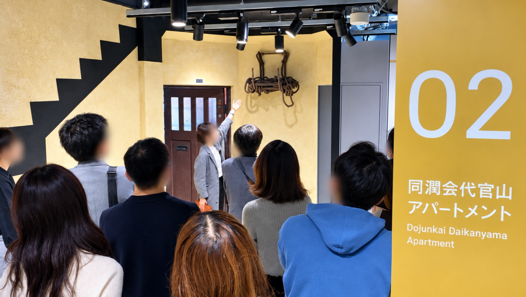 同潤会代官山アパート復元展示の前で解説を聞くURまちとくらしのミュージアム見学参加者