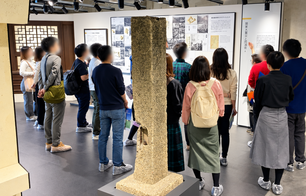 関東大震災と同潤会の展示を見学するURまちとくらしのミュージアム参加者