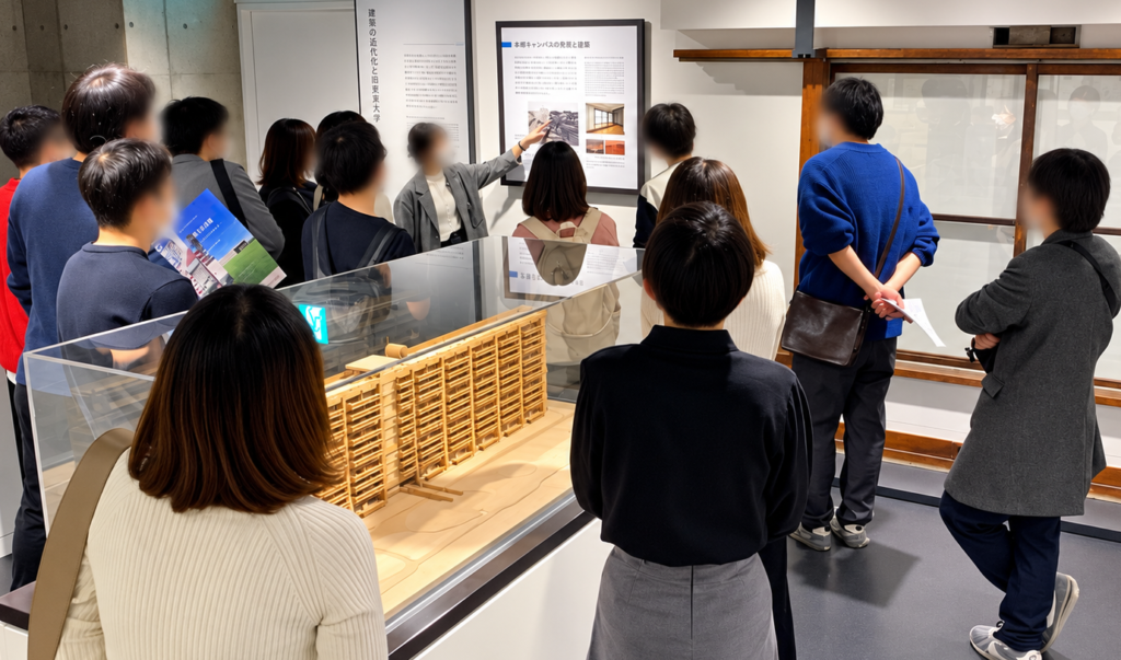 晴海高層アパートの模型と前川國男の解説展示を見る参加者