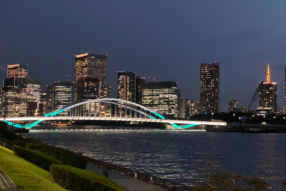 築地大橋と東京タワーが見える東京湾岸の夜景