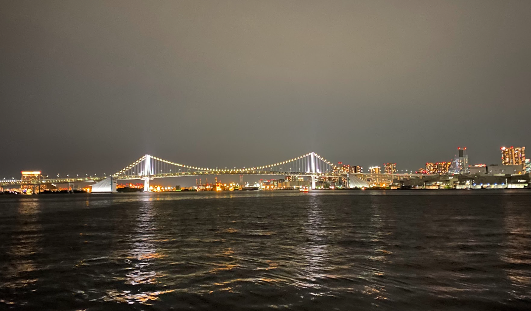 豊海水産埠頭から眺める夜のレインボーブリッジ