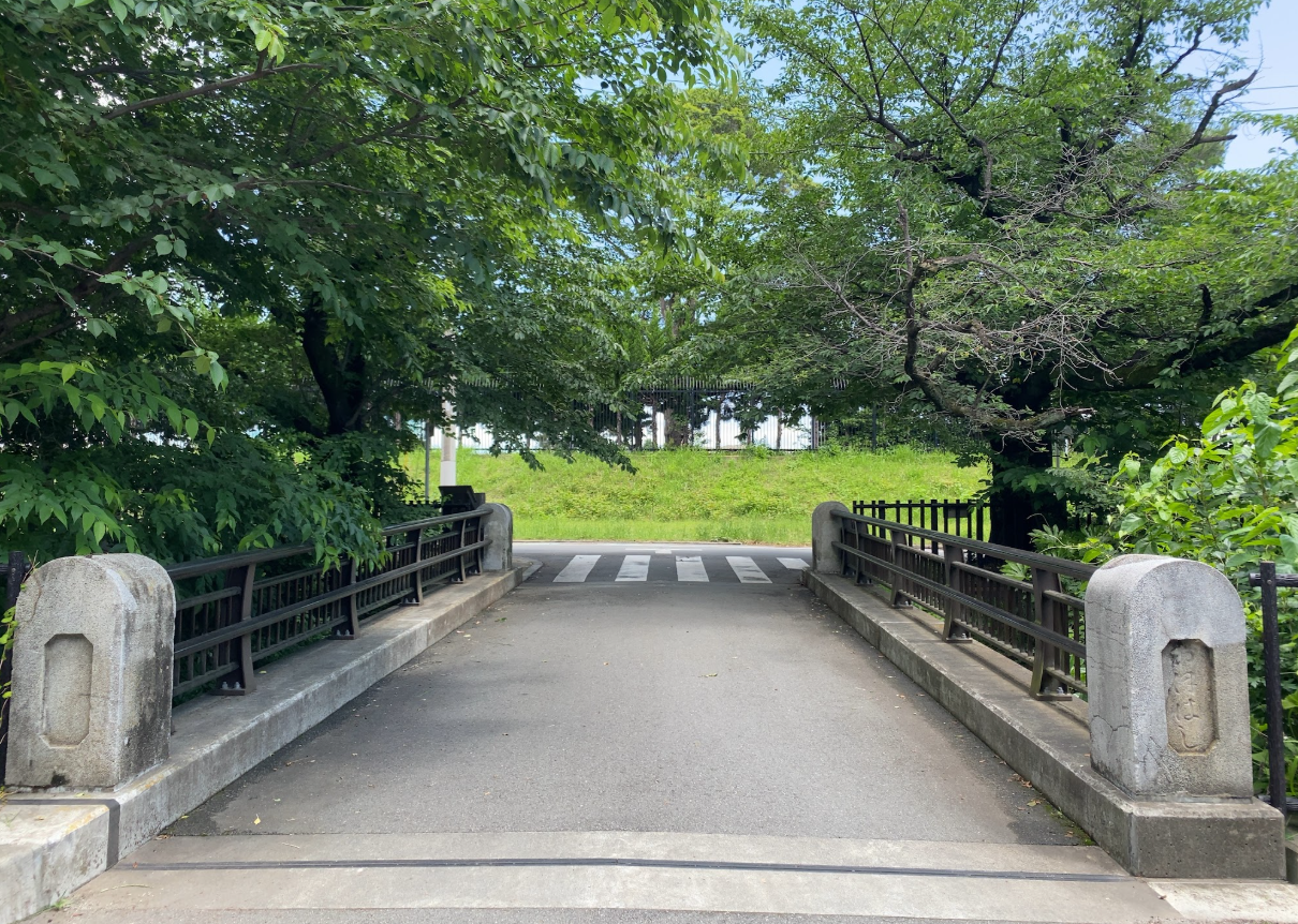 玉川上水に架かる大橋の親柱と緑に囲まれた橋上の道
