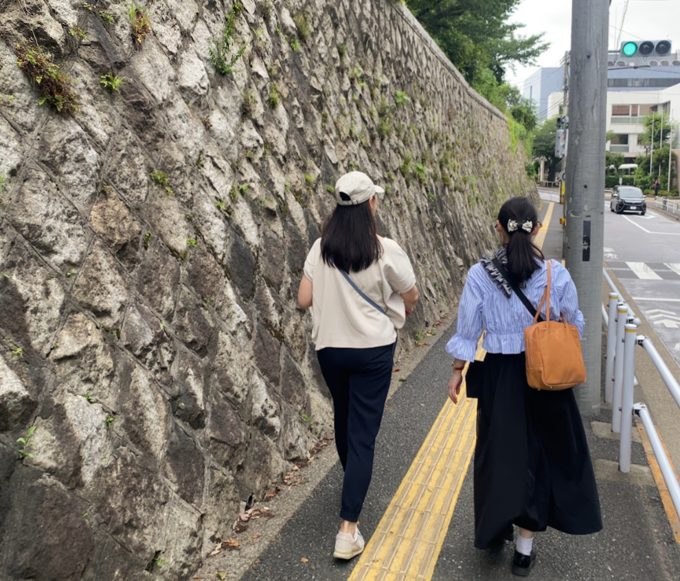 新宿区戸山の国立国際医療センター沿いの石垣を歩く歴史散歩参加者