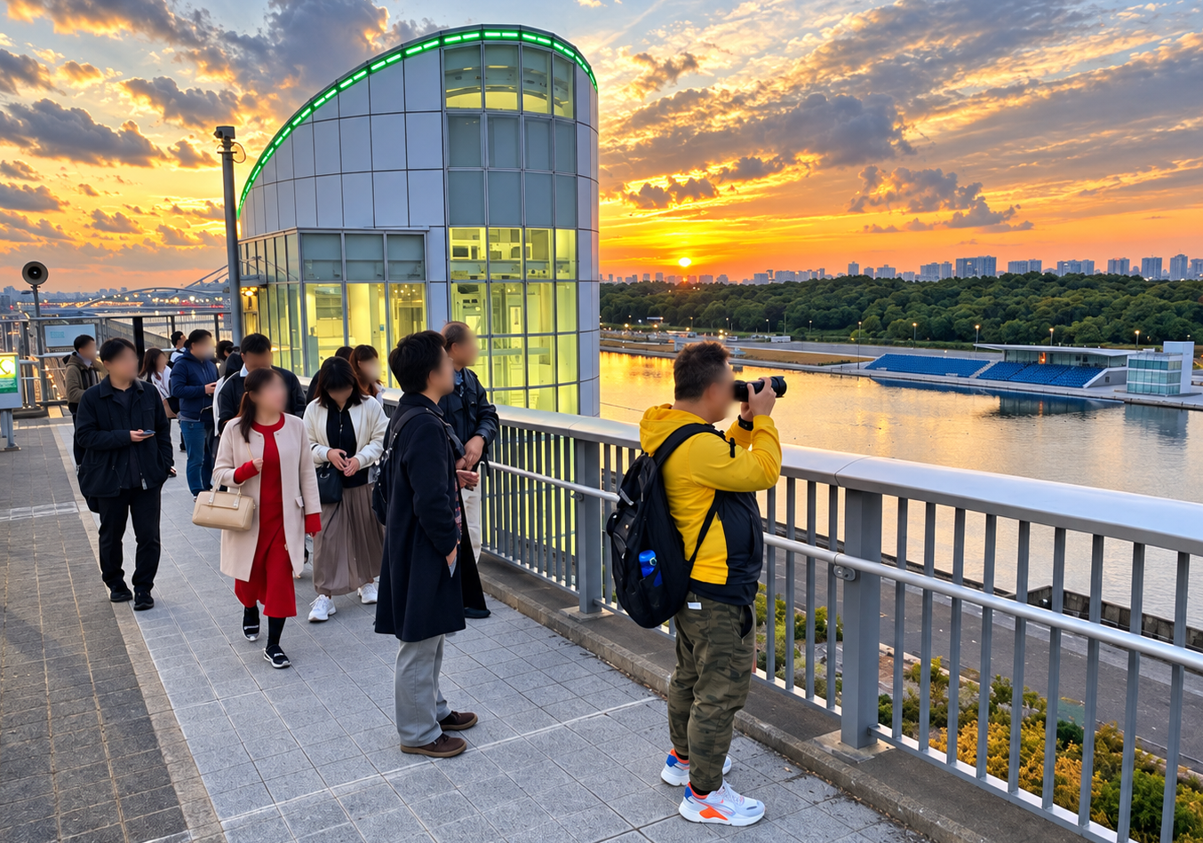 東京ゲートブリッジ歩道から夕景を眺める参加者
