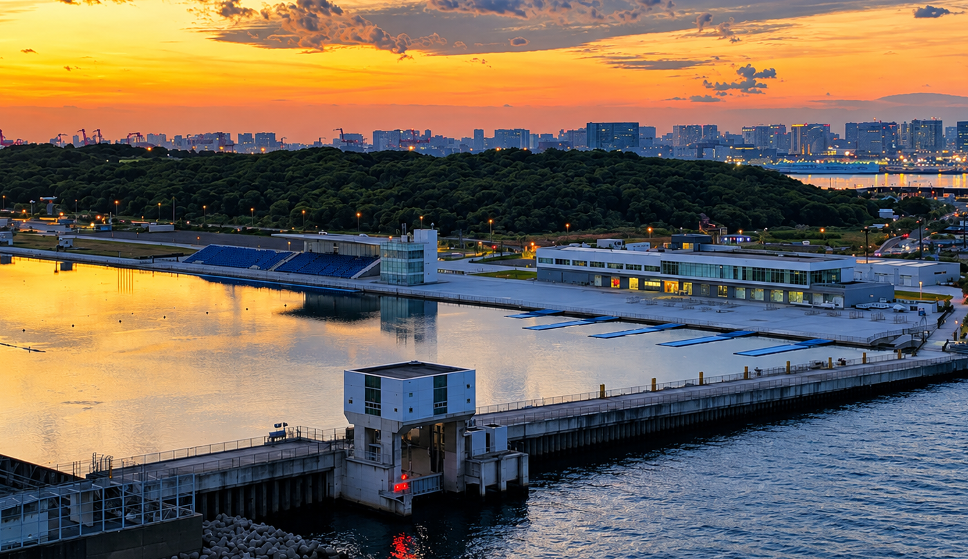 東京ゲートブリッジから望む夕暮れの海の森水上競技場と海の森公園