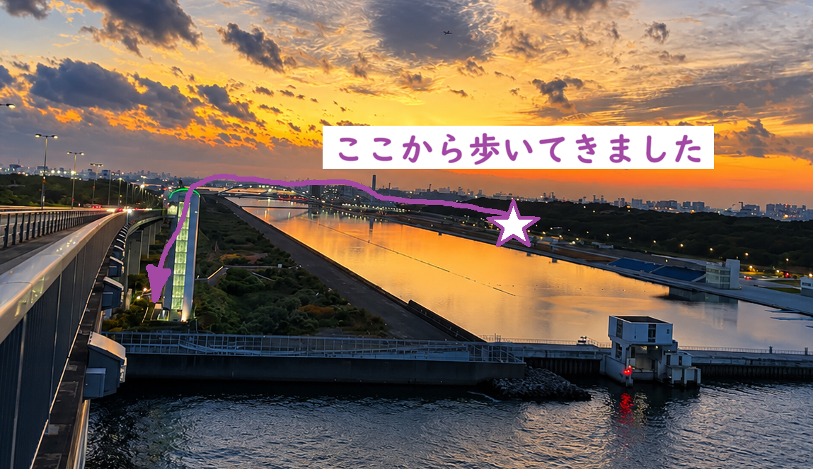 東京ゲートブリッジから振り返る中防昇降施設と歩いてきたルート