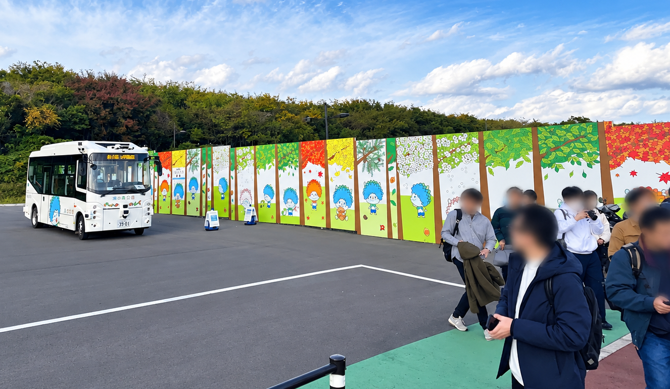 海の森公園に到着した参加者とシャトルバス