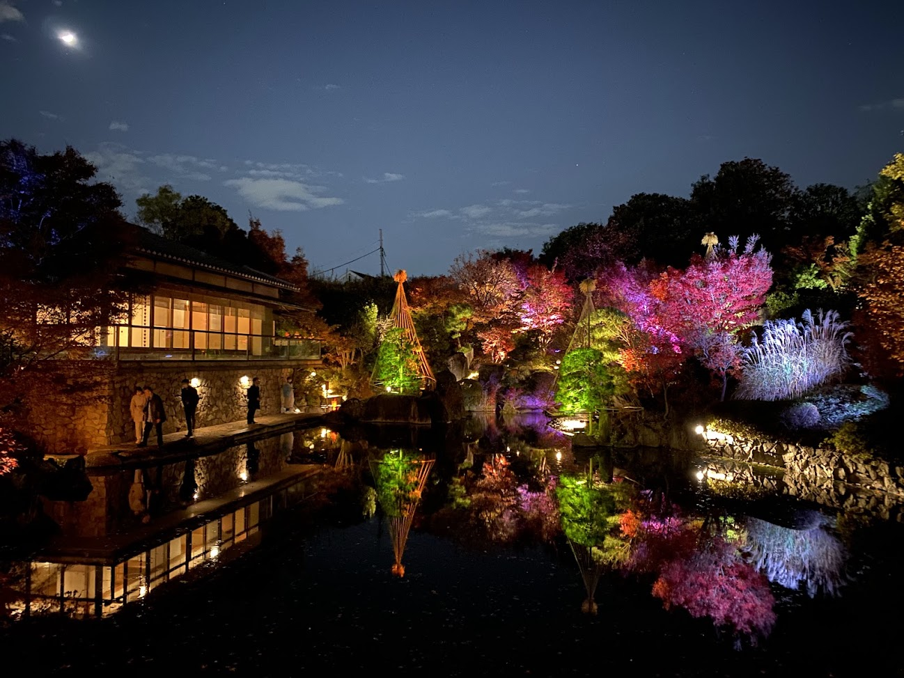 目白庭園の池に映る紅葉ライトアップと赤鳥庵