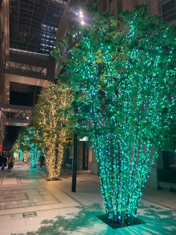 京橋周辺の緑色と白色のイルミネーション