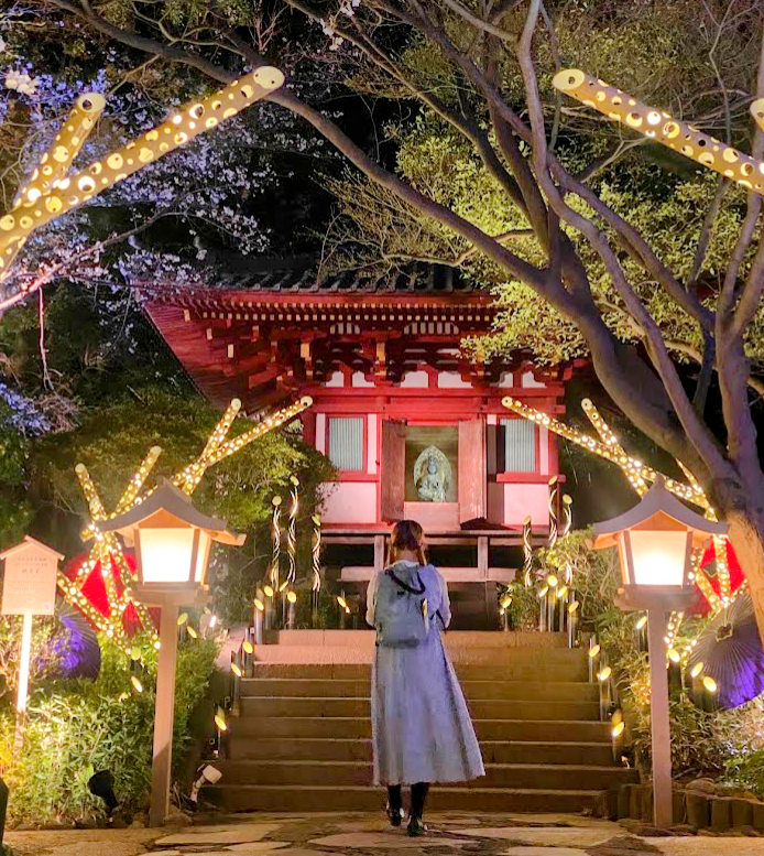 夜桜と竹あかりに囲まれたグランドプリンスホテル高輪日本庭園の観音堂