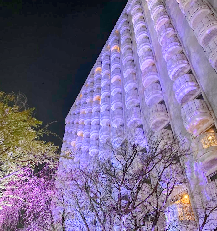 グランドプリンスホテル新高輪の建物と夜桜ライトアップ