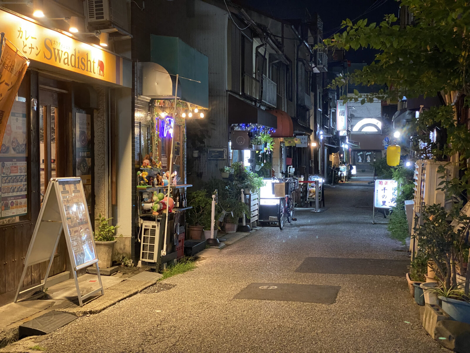 店先の明かりが続く千駄木の路地