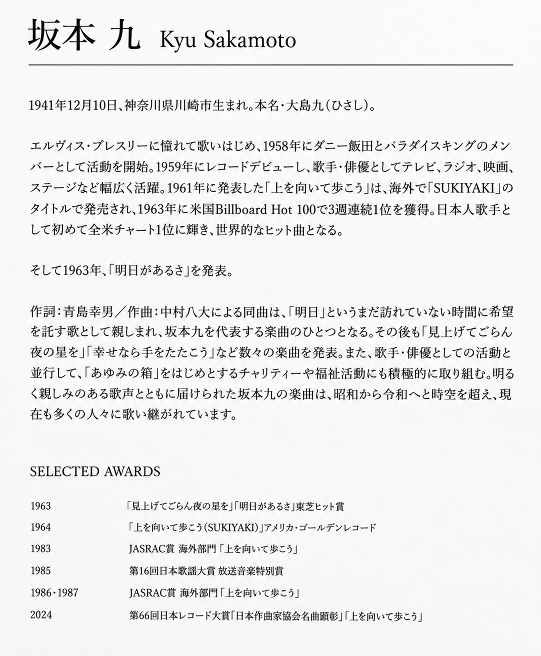 会場に掲示された坂本九のプロフィールと「明日があるさ」の解説パネル