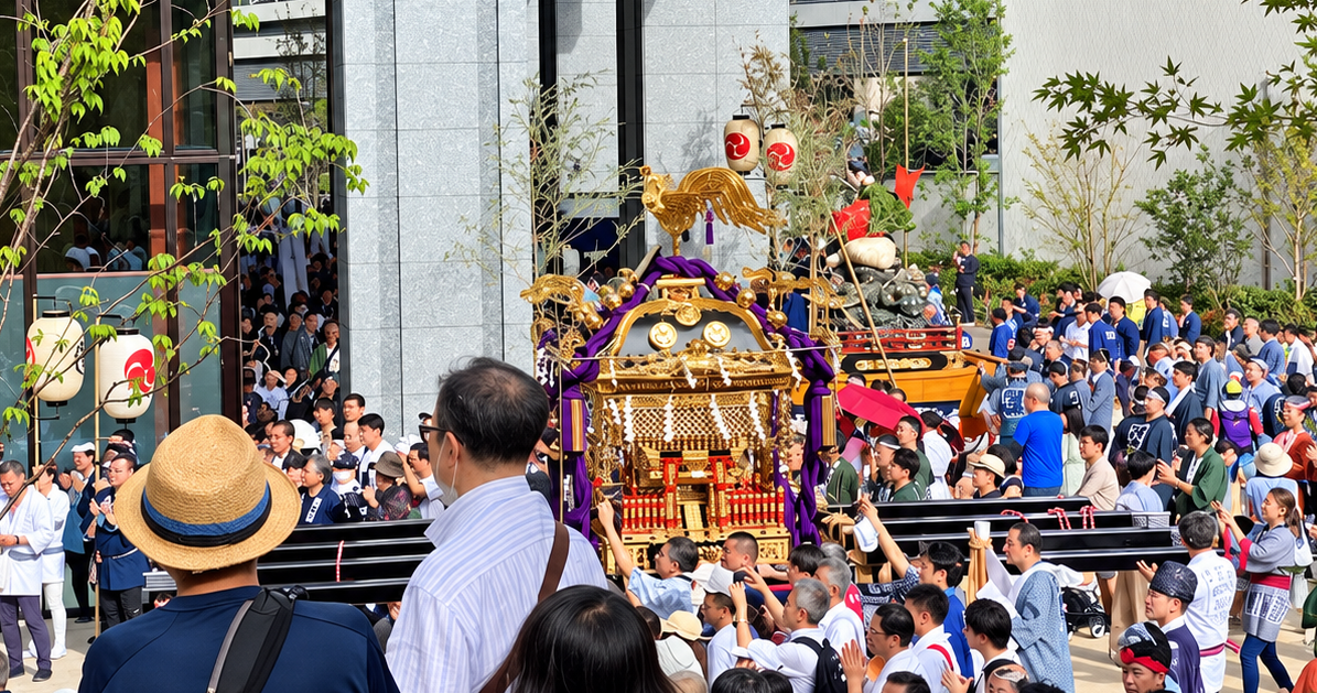 2024年9月15日の赤坂氷川祭神幸祭で宮神輿と山車が東京ワールドゲート赤坂に集結した様子