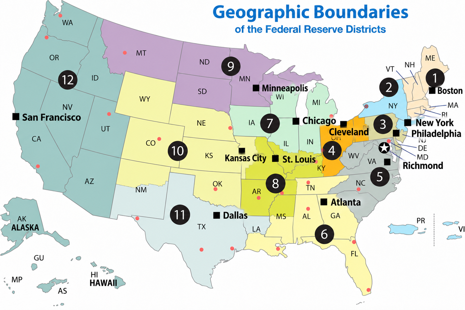 アメリカの12の連邦準備地区と各地区連銀の所在地を示した地図