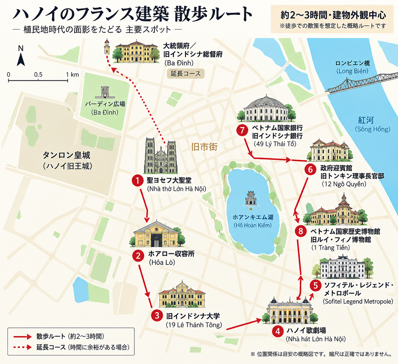 ハノイ中心部のフランス植民地建築をめぐる歴史散歩ルートの概略図