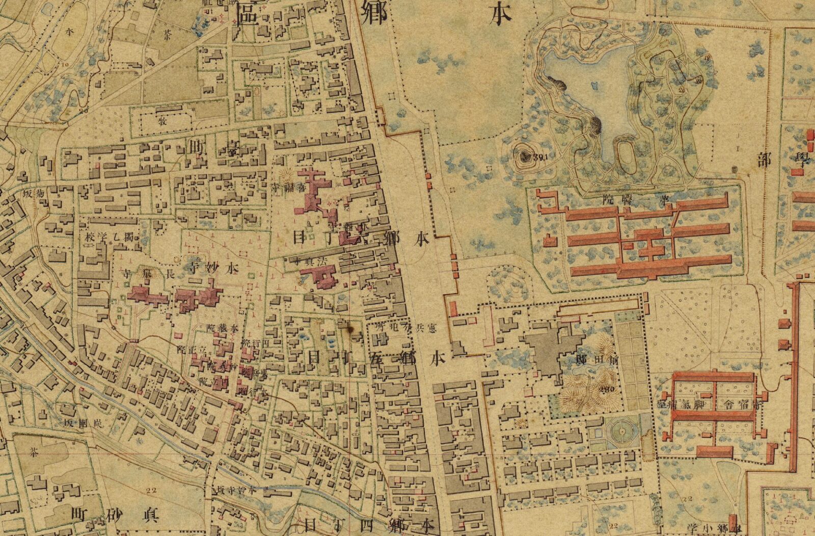明治五千分一東京図1038 本郷台町の獨乙學校・長泉寺周辺の拡大図
