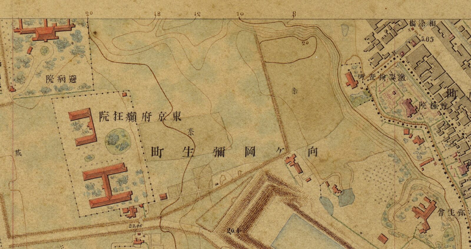 明治五千分一東京図1038 東京府癲狂院・避病院周辺の拡大図