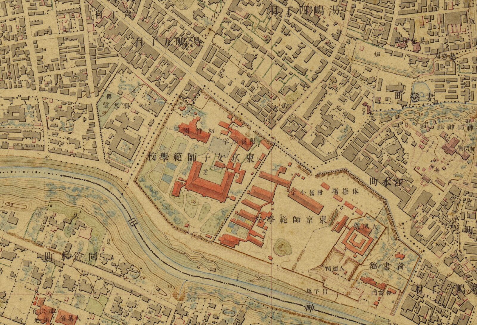 明治五千分一東京図1038 東京師範学校・附属学校園周辺の拡大図