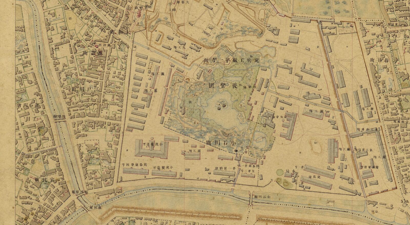明治五千分一東京図1038 東京砲兵工廠と後楽園周辺の拡大図