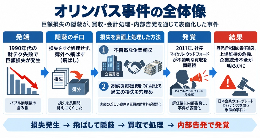 オリンパス事件の全体像。巨額損失の発生から飛ばしによる隠蔽、企業買収を使った損失処理、内部告発による発覚までの流れ