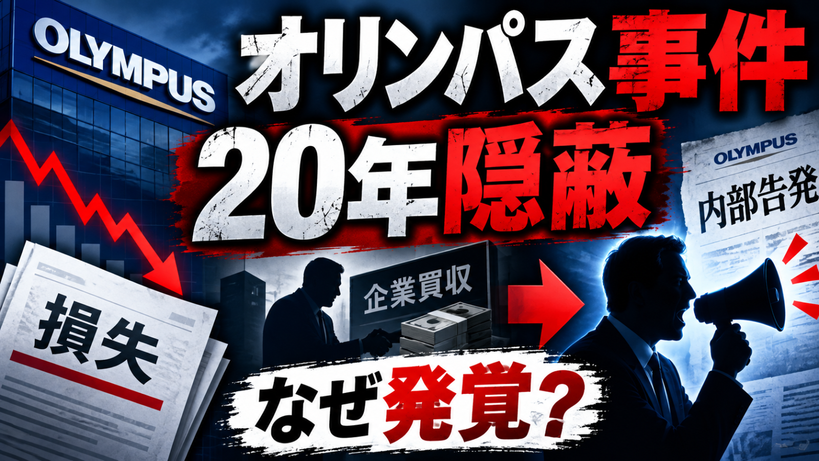 オリンパス事件で約20年続いた損失隠蔽と内部告発による発覚を表したアイキャッチ画像
