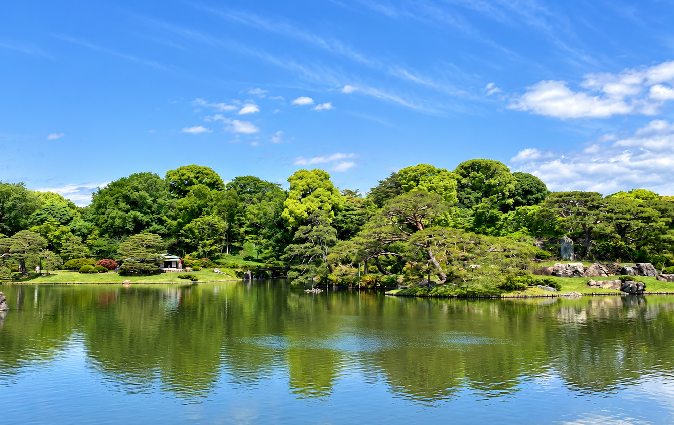 5月の六義園の大泉水と中の島