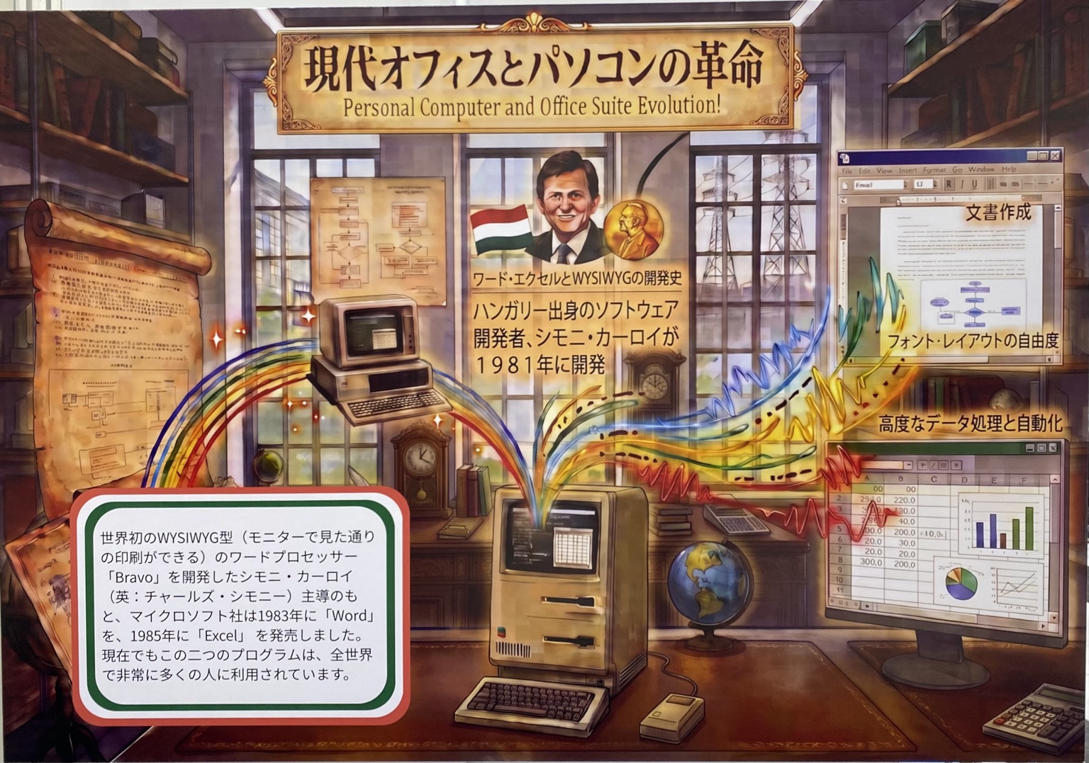 駐日ハンガリー大使館ブースの現代オフィスとパソコン史に関する展示