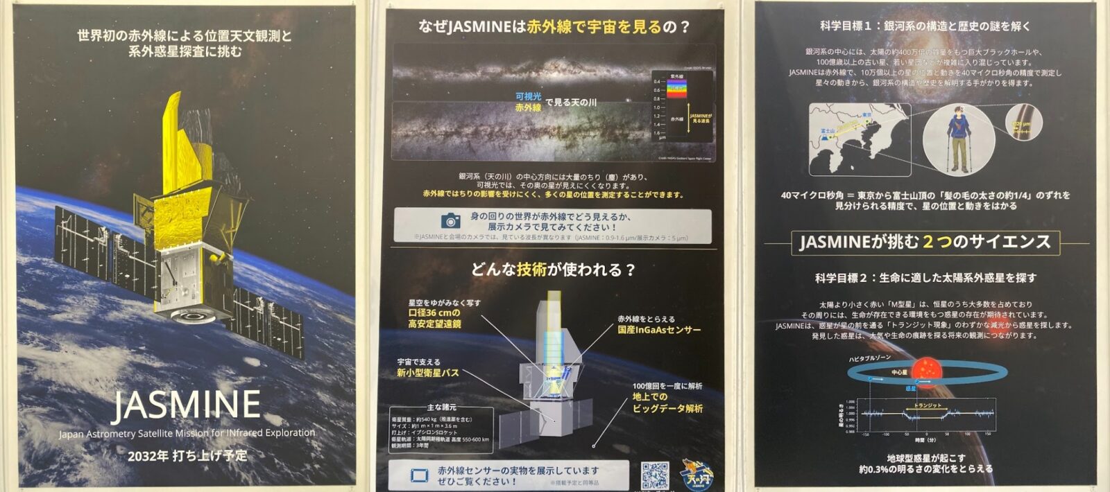 JASMINEの赤外線位置天文観測を紹介する展示パネル