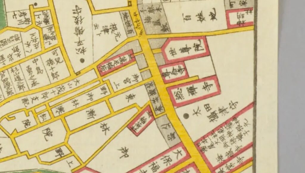 尾張屋版『根岸谷中辺絵図』の元根津・上野御林・駒込御林跡地周辺の拡大図